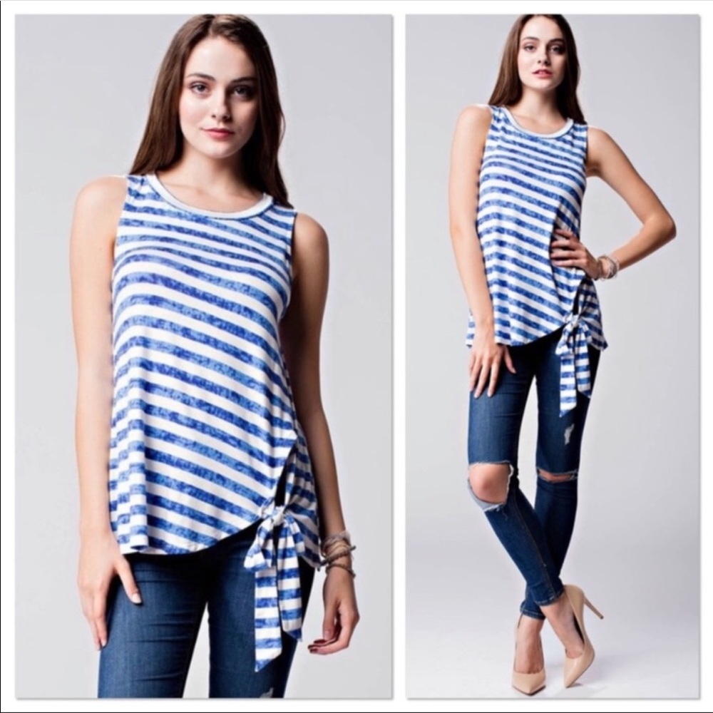 Blue Stripe Side Tie Tank Top